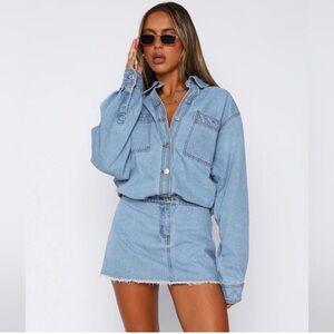 White Fox‎ Don't You Remember Long Sleeve Denim Dress Blue Acid Wash Size XL